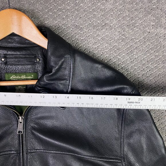 Eddie Bauer Leather Jacket Men's Large Tall LT Heavyweight Bomber Black - Picture 10 of 12